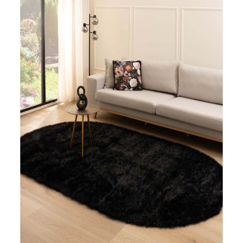 Tapeso Ovaal hoogpolig vloerkleed velvet - Posh zwart - 240x340 cm