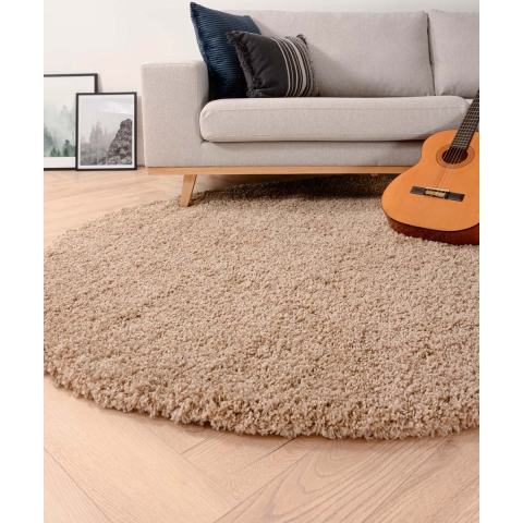 Tapeso Rond hoogpolig vloerkleed shaggy Grand effen - beige - 120 cm
