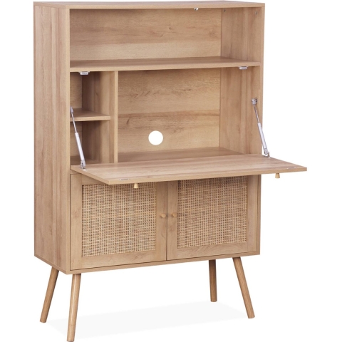 sweeek - 2-deurs schrijftafel met legplanken, hout- en rotan effect