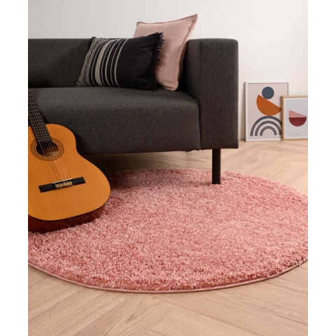 Tapeso Rond hoogpolig vloerkleed shaggy Trend effen - roze - 160 cm
