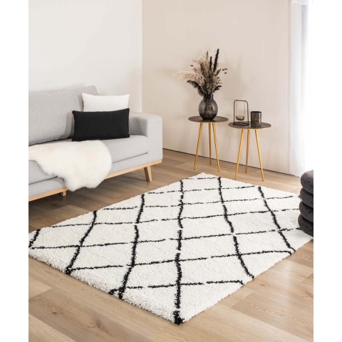 Boho&me Hoogpolig vloerkleed ruiten Artisan - wit|zwart - 120x170 cm