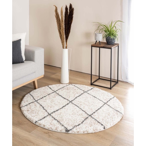 Boho&me Rond hoogpolig vloerkleed geruit Artisan - wit|grijs - 160 cm