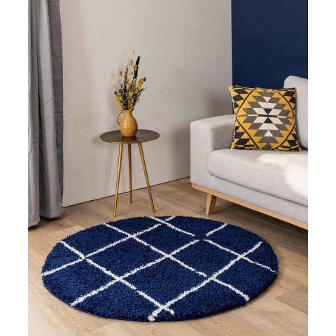 Boho&me Rond hoogpolig vloerkleed ruiten Artisan - marineblauw|wit -