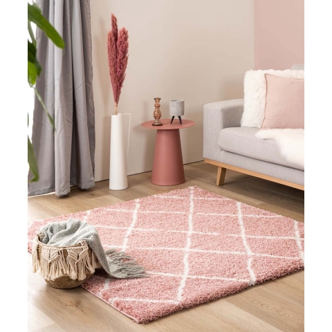 Boho&me Vierkant hoogpolig vloerkleed ruiten Artisan - roze|wit -