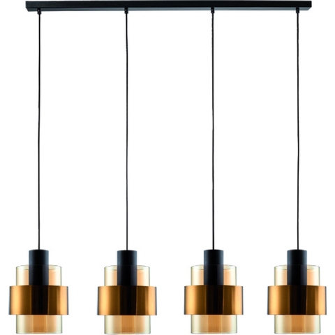 Freelight Hanglamp Chiasso Zwart goud & Amber Glas 4 Lichts L 120 cm