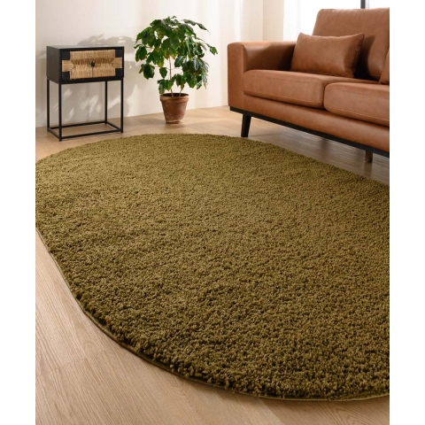 Tapeso Ovaal hoogpolig vloerkleed shaggy Trend effen - olijfgroen -