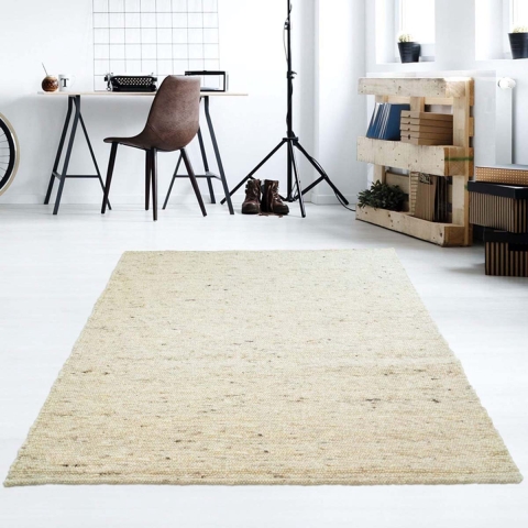 Tapeso Wollen vloerkleed handweef Veve - beige|crème - 130x190 cm