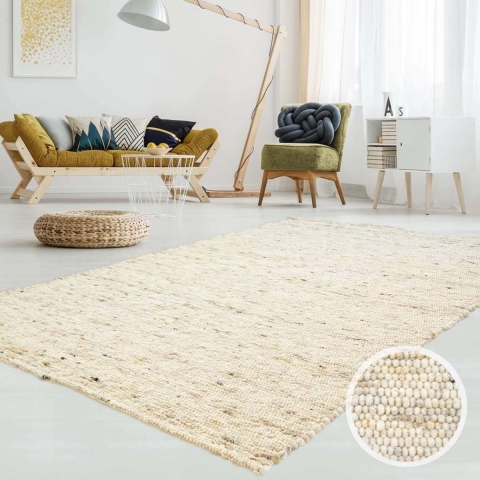 Tapeso Wollen vloerkleed handweef Ylva - beige - 70x130 cm