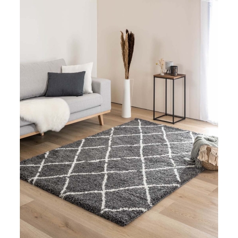 Boho&me Hoogpolig vloerkleed ruiten Artisan - grijs|wit - 300x400 cm