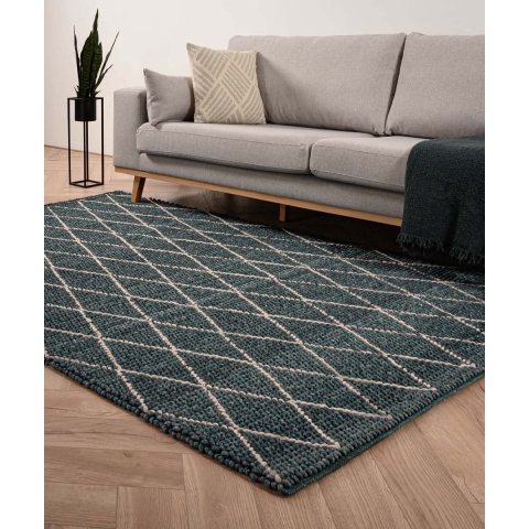 Nordic Weavers Wollen vloerkleed - ruiten Vinduer - petrol|grijs -