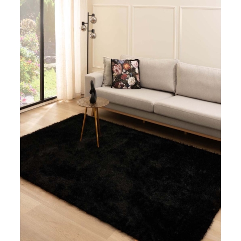 Tapeso Hoogpolig vloerkleed velvet - Posh zwart - 200x300 cm