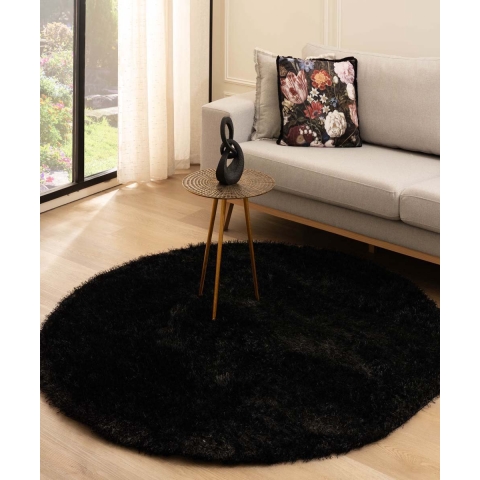 Tapeso Rond hoogpolig vloerkleed velvet - Posh zwart - 240 cm rond