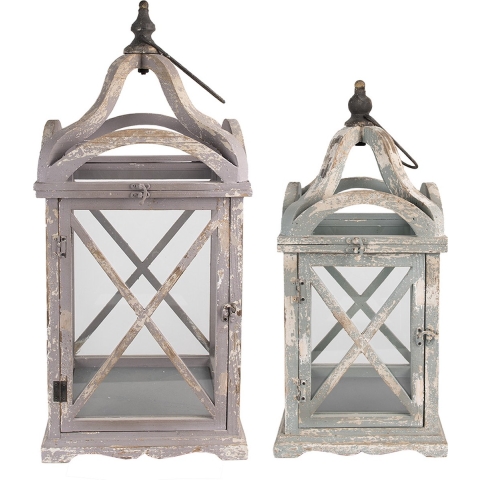 Clayre & Eef Lantaarn Set van 2 73|56 cm Grijs Hout Glas