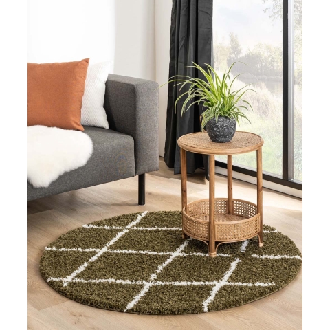 Boho&me Rond hoogpolig vloerkleed ruiten Habitat - olijfgroen|wit -