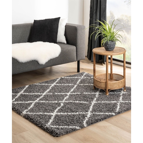 Boho&me Vierkant hoogpolig vloerkleed ruiten Habitat - grijs|wit -