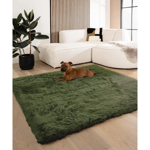 Tapeso Fluffy vloerkleed vierkant - Comfy Deluxe olijfgroen - 160x160