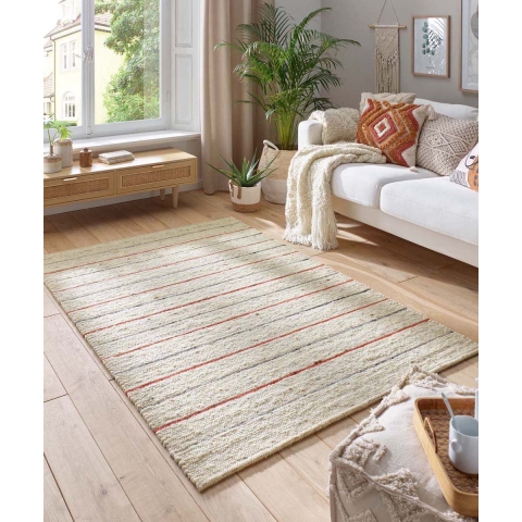 Tapeso Wollen vloerkleed strepen - Jarl crème|rood - 130x190 cm