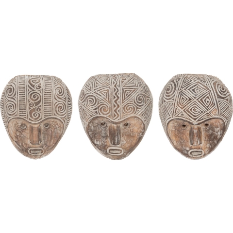 J-Line muurdecoratie Masker Primitief - hout - bruin|wit - 3 stuks