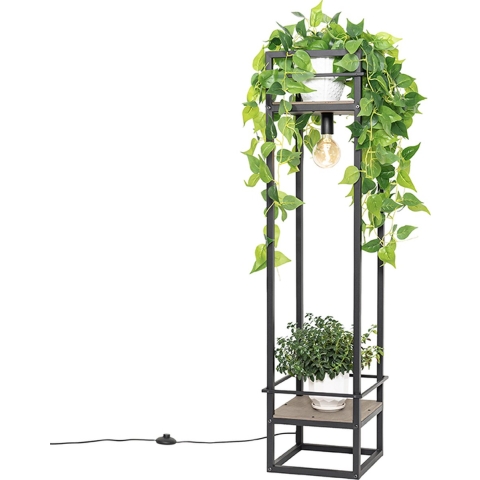 QAZQA Industriële vloerlamp zwart met hout - Cage Rack
