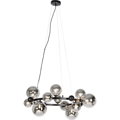 QAZQA Art Deco hanglamp zwart met smoke glas 12-lichts - David