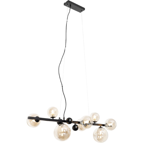 QAZQA Art deco hanglamp zwart met amber glas 8-lichts - David