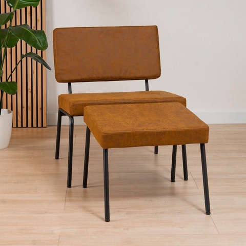 Bronx71 Industriële fauteuil met hocker Espen cognac eco-leer