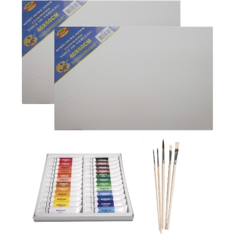 Schilders verf set van 24x tubes acrylverf/hobbyverf 12 ml + 2x canvas doeken + 5x kwasten -