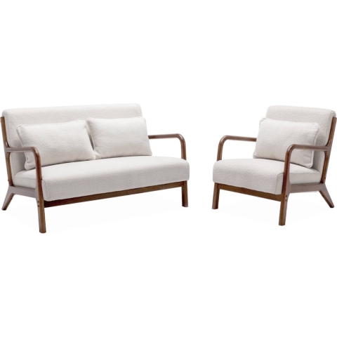 sweeek - 2-zitsbank + boucleéstoffe fauteuil van licht walnoot