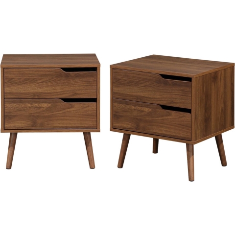 sweeek - Nachtkastje van walnoot gebeitst hout, 2 laden (set van 2)