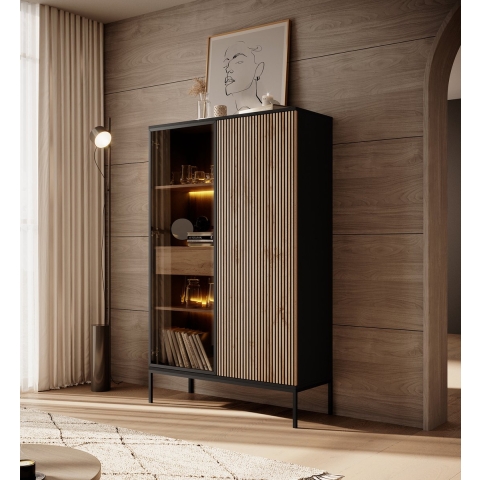 Meubella Vitrinekast Legend - Mat zwart - Eiken - 104 cm