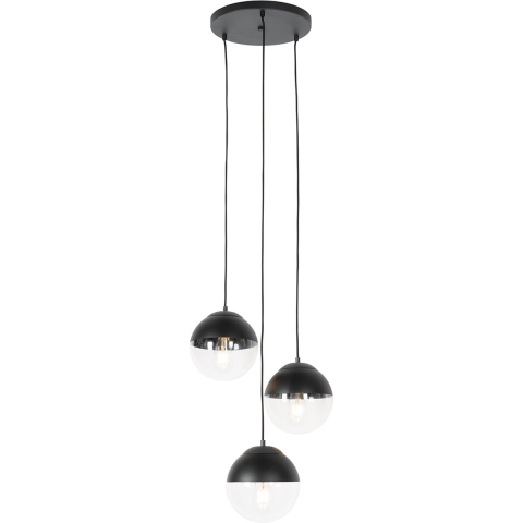 QAZQA Retro hanglamp zwart met helder glas rond 3-lichts - Eclipse
