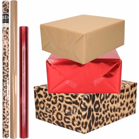 12x Rollen kraft inpakpapier pakket dierenprint/metallic rood en bruin 200 x 70/50 -