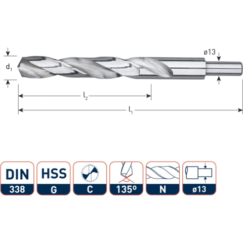 Rotec HSS-G spiraalboor, DIN 338, type N, d2=13, ø23,0 - 1052300