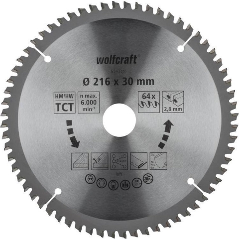 Wolfcraft Kap- en verstekzaagblad | HM | 64 Zähne | Ø216mm | 1 stuk - 6541000