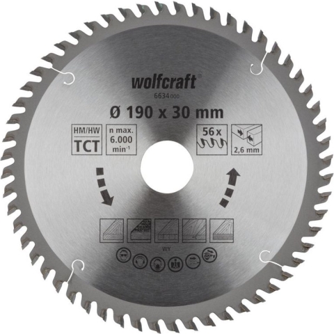 Wolfcraft Handcirkelzaagblad | HM | 56 Zähne | Ø190 x 30mm | 1 stuk - 6634000