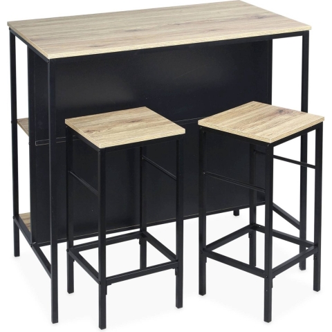 sweeek - Hoge tafel van hout en metaal, 2 planken, 2 krukjes