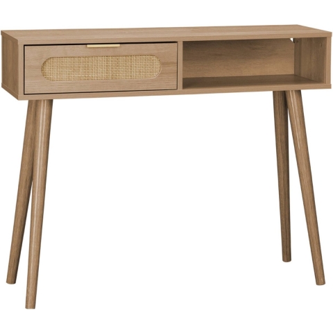 sweeek - Scandinavische console met houtdecor en afgerond riet
