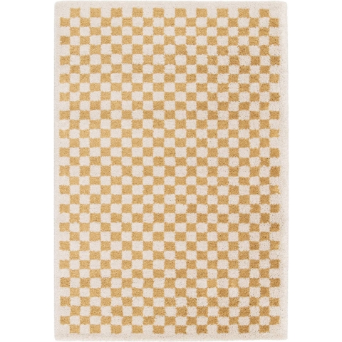 sweeek - Interieur tapijt met dambord vorm in mosterdgeel en crème