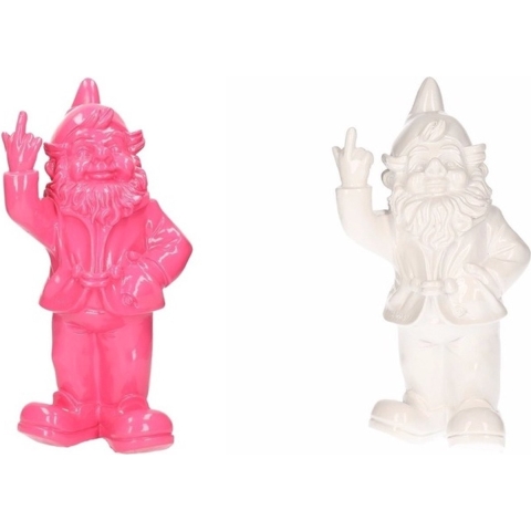 2x Tuinkabouters roze/wit middelvinger 30 cm -