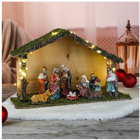Verlichte kerststal met kerststal beelden/figuren 40 x 16 x 25,5 cm -