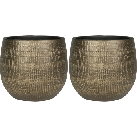 2x stuks plantenpotten/bloempotten in een strakke Modern design look metal goud Dia 26 cm en Hoogte -