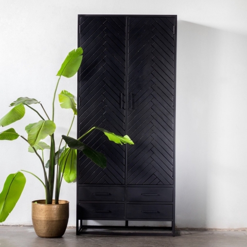 Giga Meubel - Wandkast Zwart Visgraat - Mangohout - 90x40x200cm