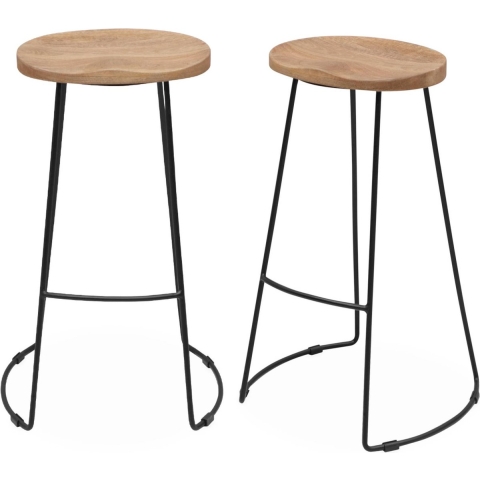 sweeek - Mangohout en stalen barkruk, voetsteun, 75cm (set van 2)