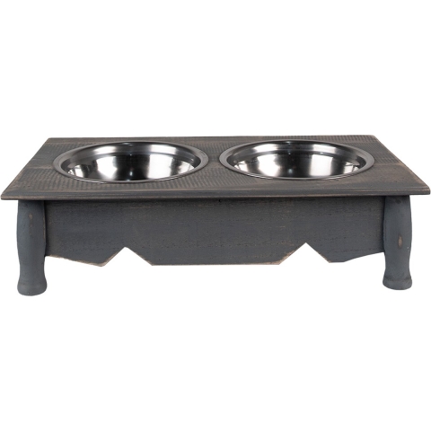 Clayre & Eef Voerbak Hond 2x500 ml Grijs Hout Ijzer Rechthoek