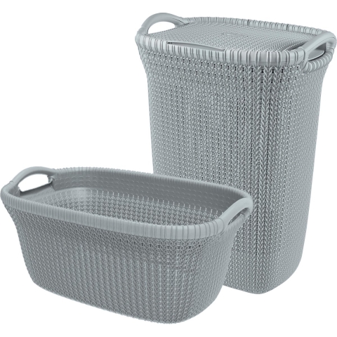 Curver Knit Wasmand met deksel 57L + Wasmand 40L - Blauw|Grijs