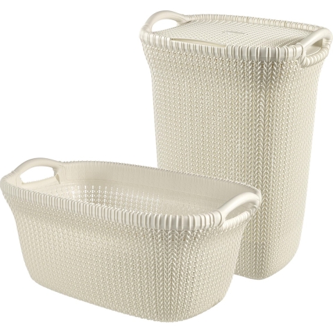 Curver Knit Wasmand met deksel 57L + Wasmand 40L - Gebroken wit