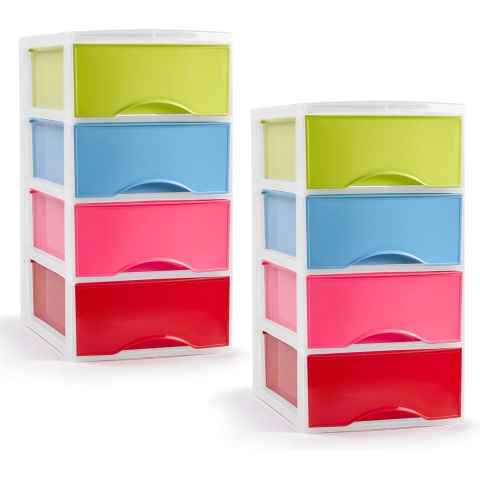 Ladeblokje/bureau organizer - 2x - 4 lades - multi kleuren - L26 x B36 x H49 cm - plastic -
