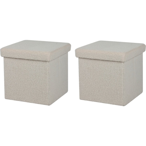 Poef Teddy BOX - 2x - hocker - opbergbox - creme wit - polyester/mdf - 38 x 38 cm - opvouwbaar -