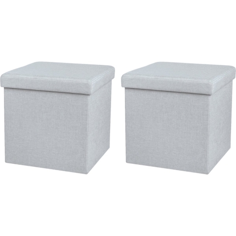 Poef/hocker - 2x - opbergbox zit krukje - lichtgrijs - linnen/mdf - 37 x 37 cm - opvouwbaar -