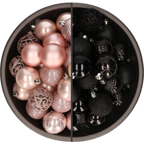 74x stuks kunststof kerstballen mix zwart en lichtroze 6 cm -